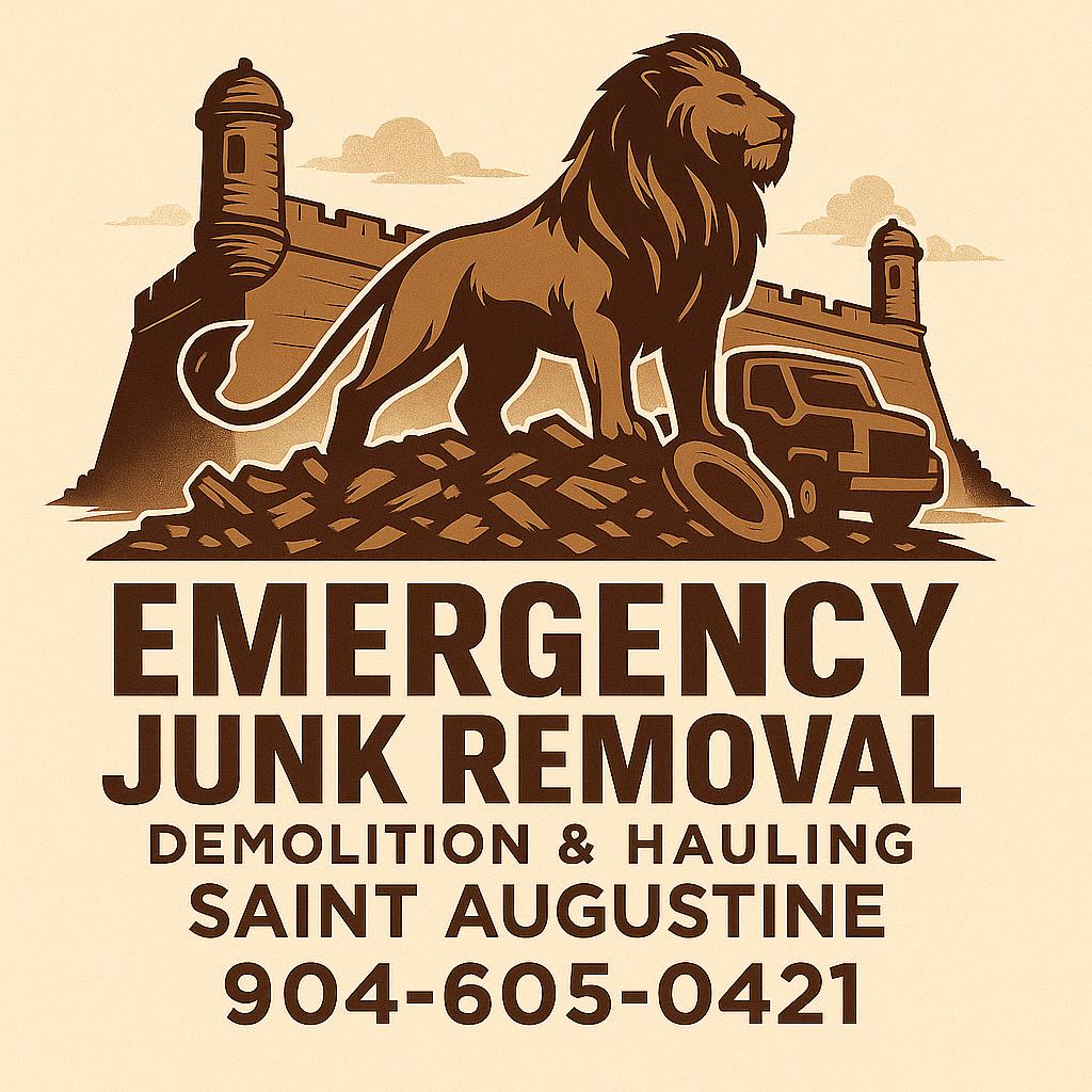 Emergency Junk LLC junk removal service with excavator equipment and company logo